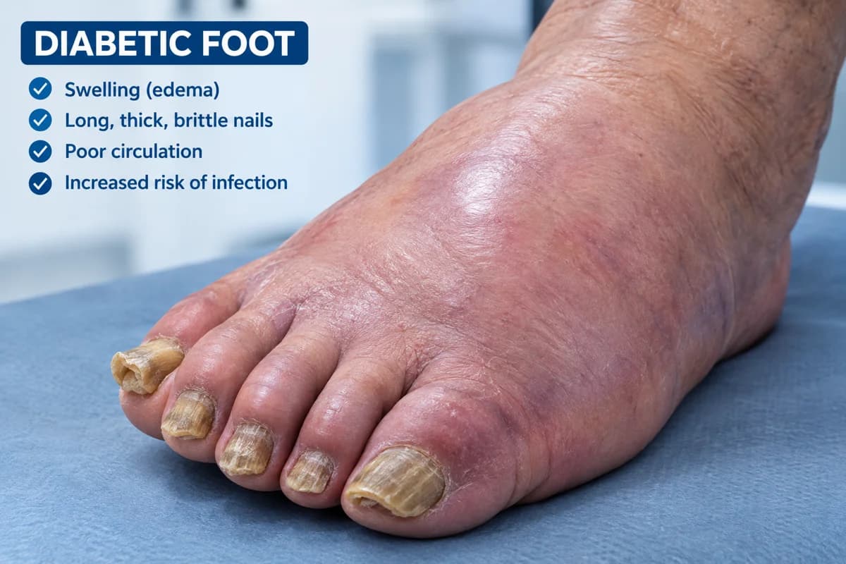 A swollen diabetic foot with thick, discoloured toenails, beside a list of warning signs