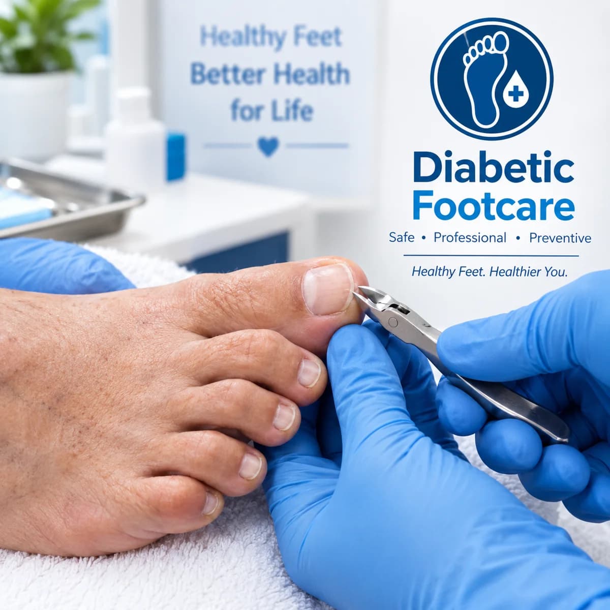 A gloved clinician trimming a patient's toenails, beside a Diabetic Footcare sign