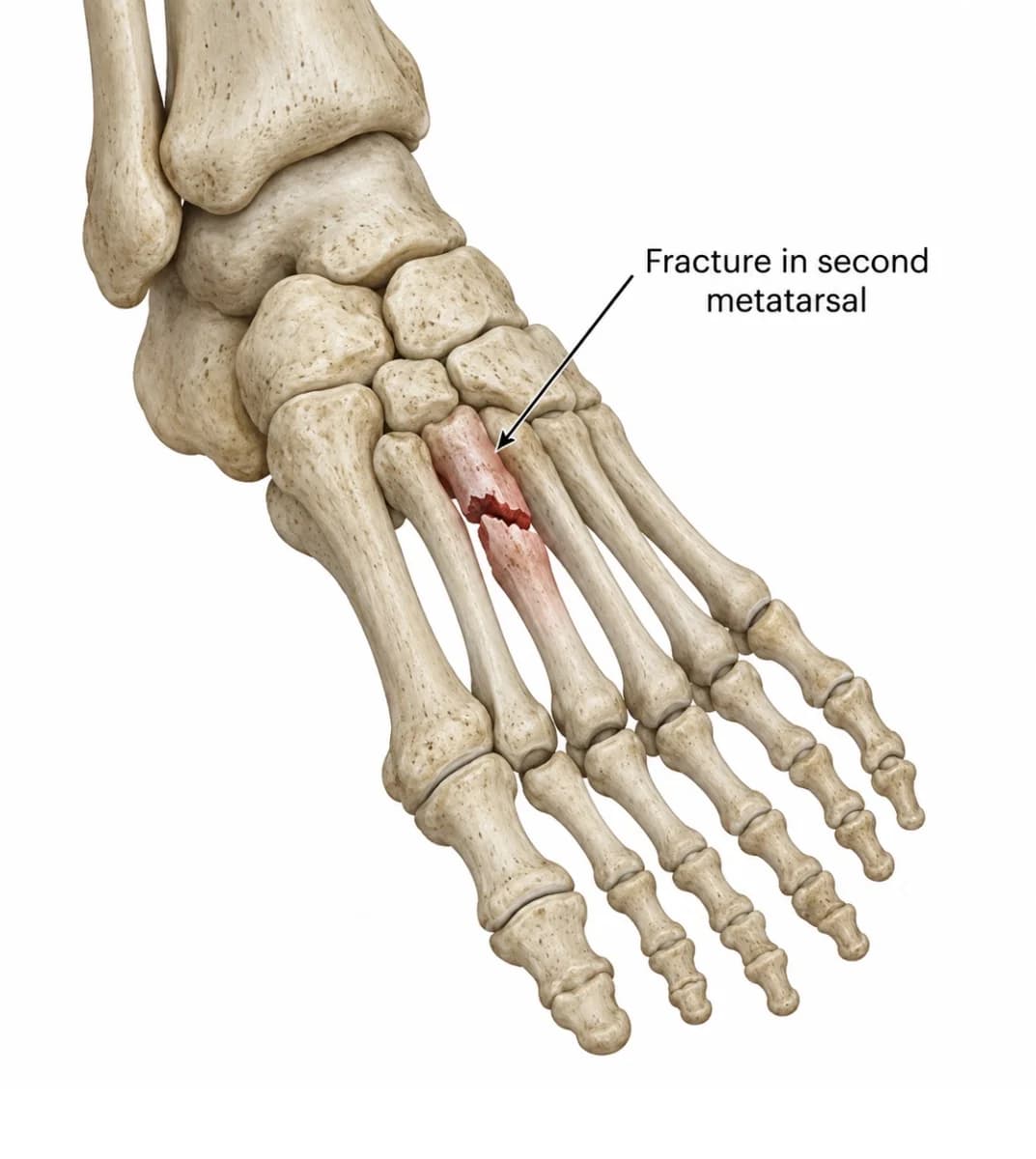 Illustration of the foot's bones with a fracture in the second metatarsal