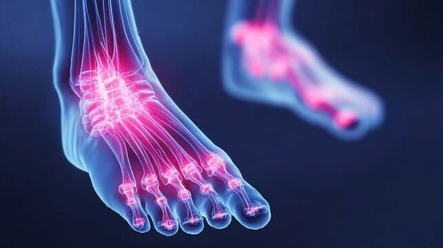 Illustration of the foot's bones glowing to show nerve pain