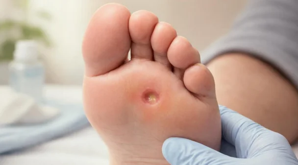 A gloved clinician examining an ulcer on the ball of a patient's foot